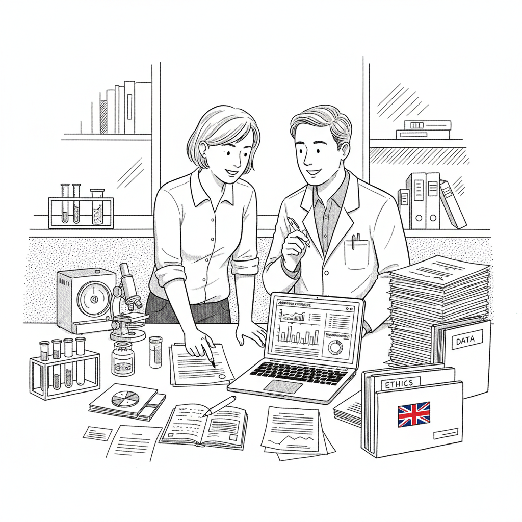 Pen-and-ink illustration of a small UK life sciences business reviewing clinical trial paperwork beside lab equipment, with a small tucked-away Union Jack as the only coloured element