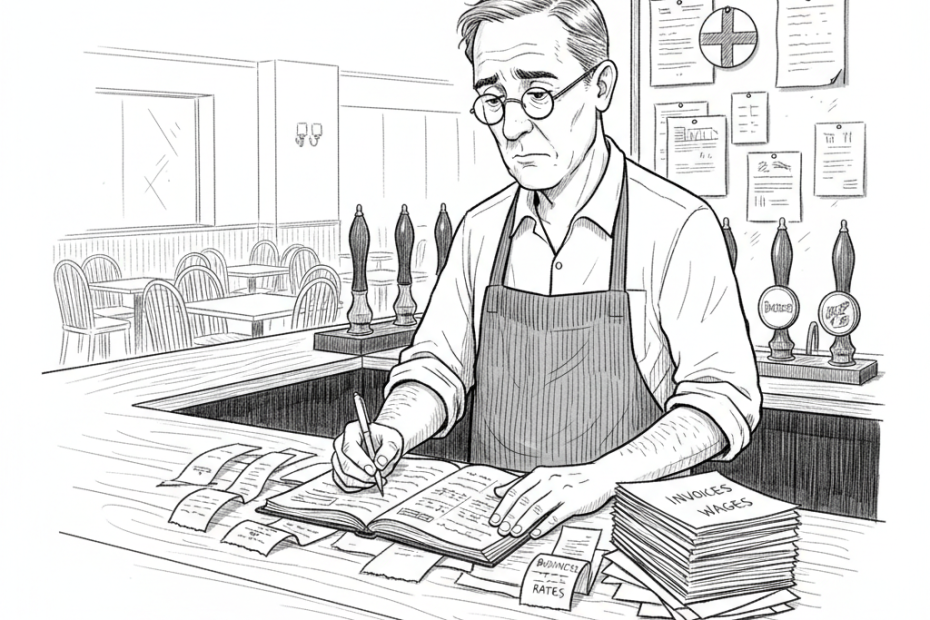 Pen-and-ink illustration of a small English pub owner reviewing rising bills at a bar, with a small tucked-away St George's Cross as the only coloured element