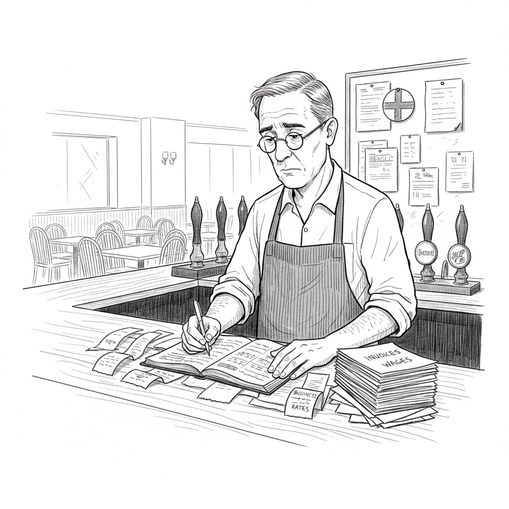 Pen-and-ink illustration of a small English pub owner reviewing rising bills at a bar, with a small tucked-away St George's Cross as the only coloured element