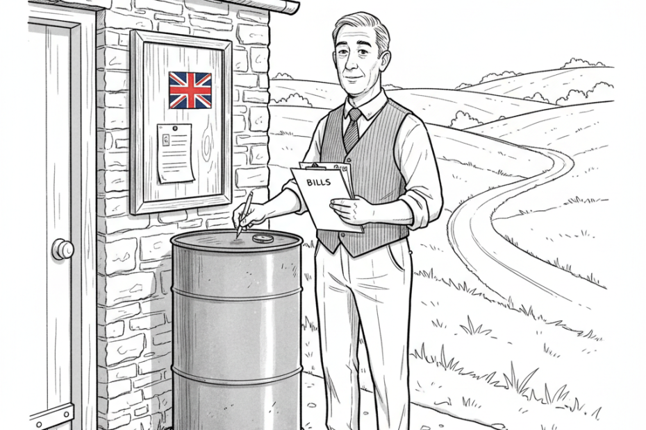 Pen-and-ink illustration of a rural small business owner checking a heating oil tank and invoices, with a small tucked-away Union Jack as the only coloured element