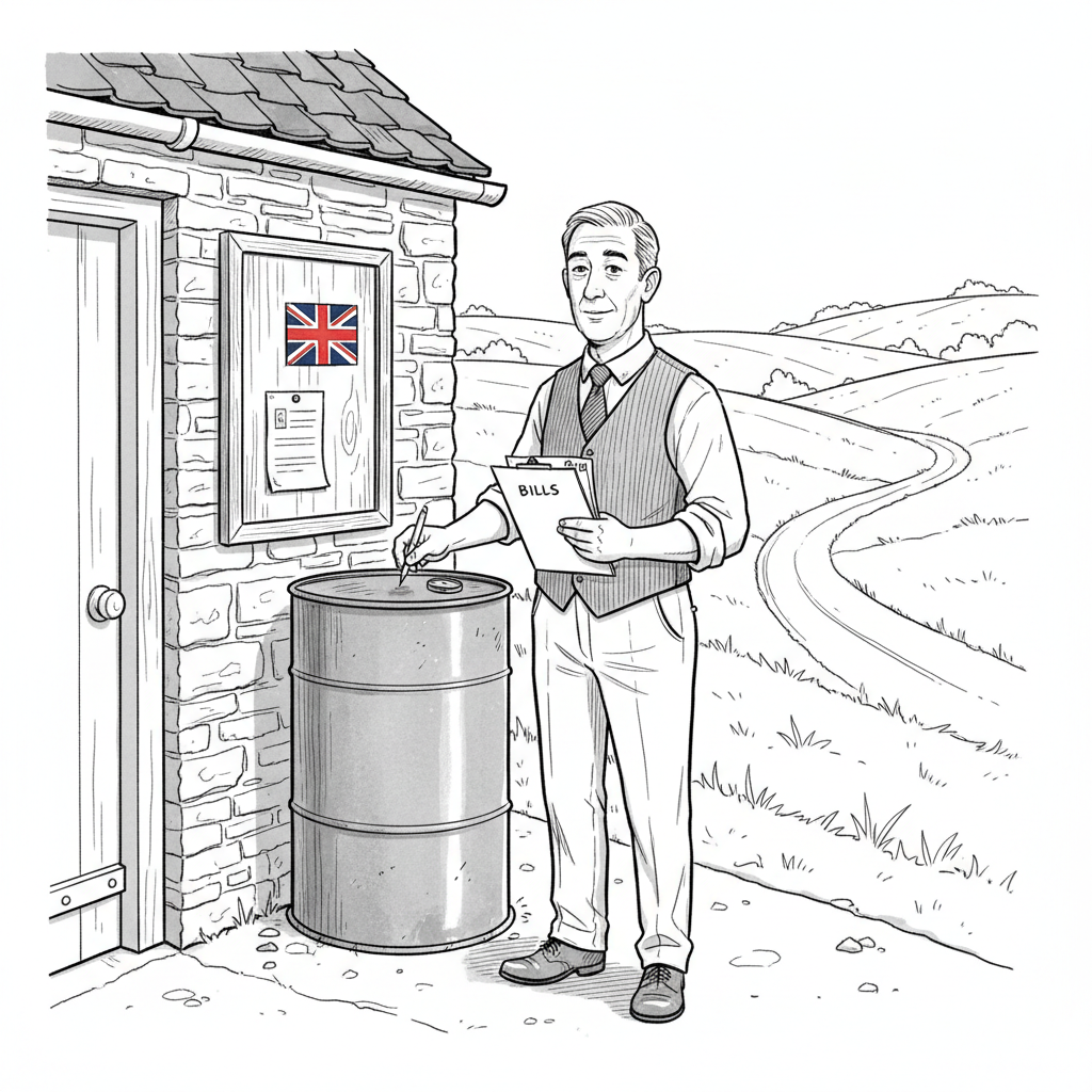 Pen-and-ink illustration of a rural small business owner checking a heating oil tank and invoices, with a small tucked-away Union Jack as the only coloured element