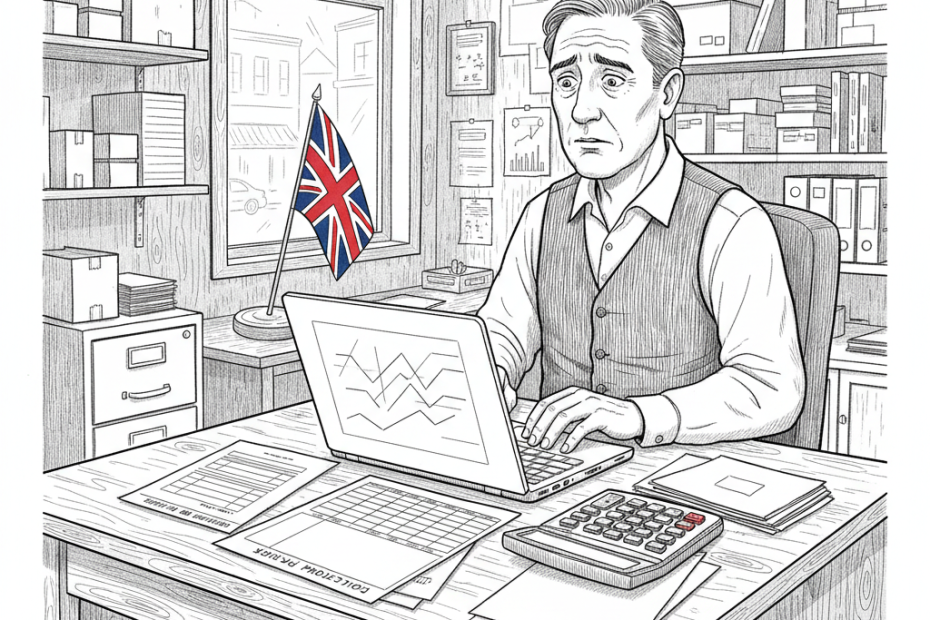 Pen-and-ink illustration of a UK small business owner reviewing borrowing costs and cash-flow papers, with a small tucked-away Union Jack as the only coloured element