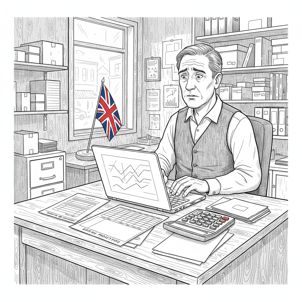 Pen-and-ink illustration of a UK small business owner reviewing borrowing costs and cash-flow papers, with a small tucked-away Union Jack as the only coloured element
