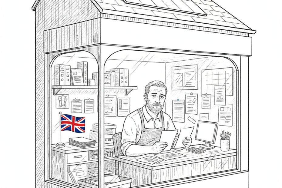 Pen-and-ink illustration of a UK small business owner considering rooftop solar and energy bills, with a small tucked-away Union Jack as the only coloured element
