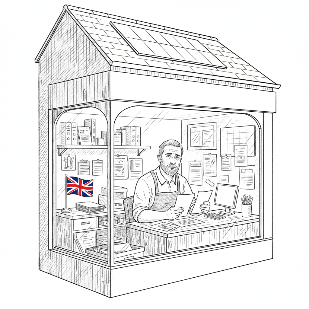 Pen-and-ink illustration of a UK small business owner considering rooftop solar and energy bills, with a small tucked-away Union Jack as the only coloured element