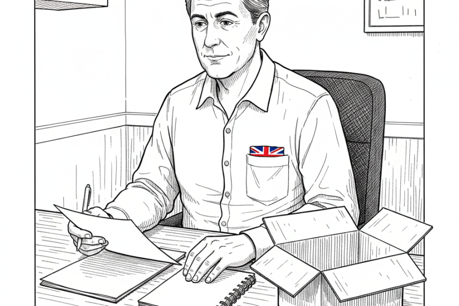 Pen-and-ink illustration of a UK small business owner reviewing a simple subscription checklist at a plain desk, with a tiny tucked-away Union Jack as the only coloured element