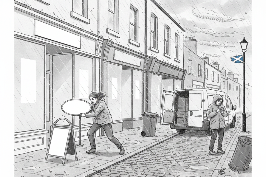 Pen-and-ink illustration of a Scottish small business street in rough weather, with shopkeepers securing signs and a tiny tucked-away Scottish flag as the only coloured element