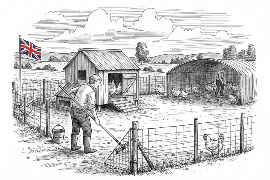 Pen-and-ink illustration of a small British poultry farm preparing to let hens back outside, with a very small tucked-away Union Jack as the only coloured element