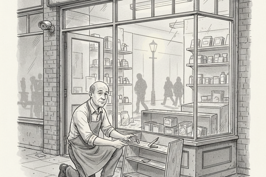 Pen-and-ink illustration of a small independent British shop securing its entrance after a retail crime incident, with a tiny tucked-away Union Jack as the only coloured element