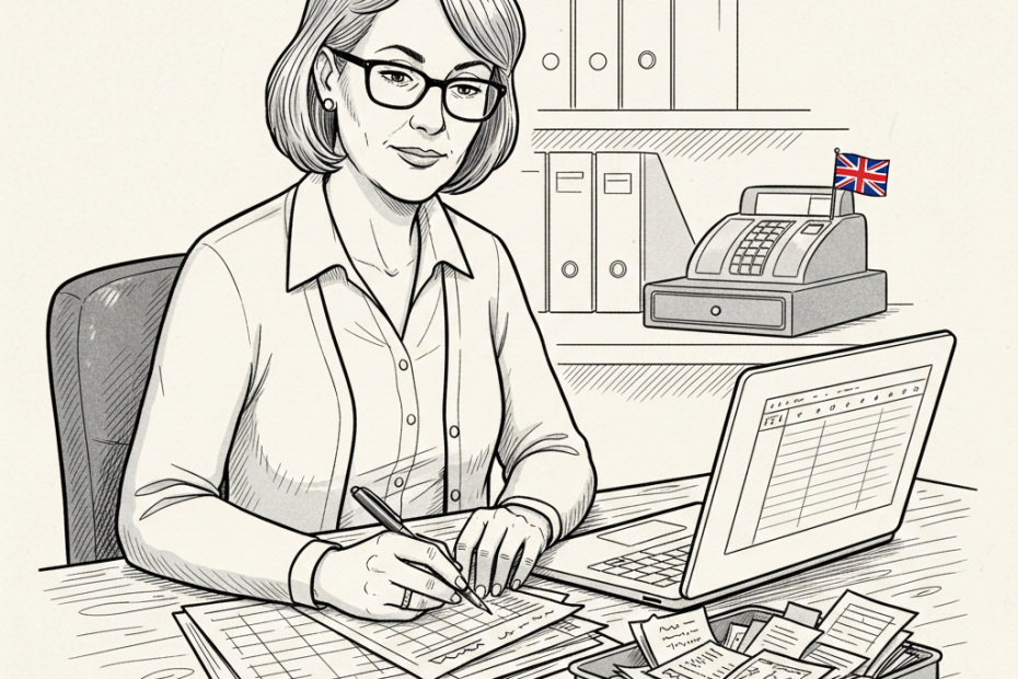 Pen-and-ink illustration of a small UK business owner checking payroll papers and a laptop, with a small tucked-away Union Jack as the only coloured element