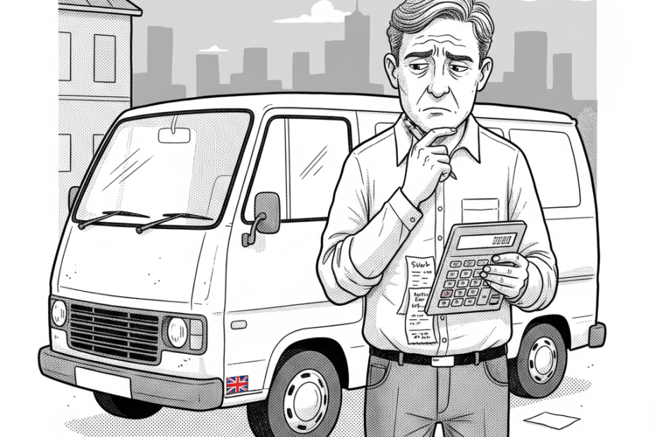 Pen-and-ink illustration of a small UK business owner checking van fuel costs and delivery notes, with a small tucked-away Union Jack as the only coloured element