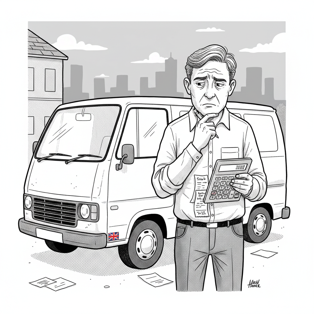Pen-and-ink illustration of a small UK business owner checking van fuel costs and delivery notes, with a small tucked-away Union Jack as the only coloured element