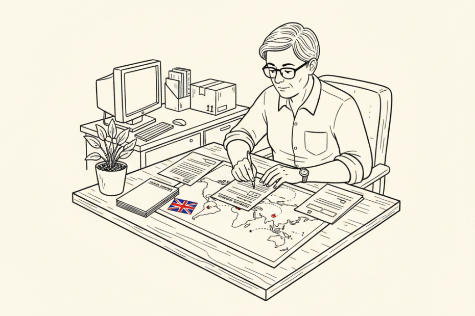 Pen-and-ink illustration of a small UK exporter reviewing trade documents for Costa Rica, with a small tucked-away Union Jack as the only coloured element