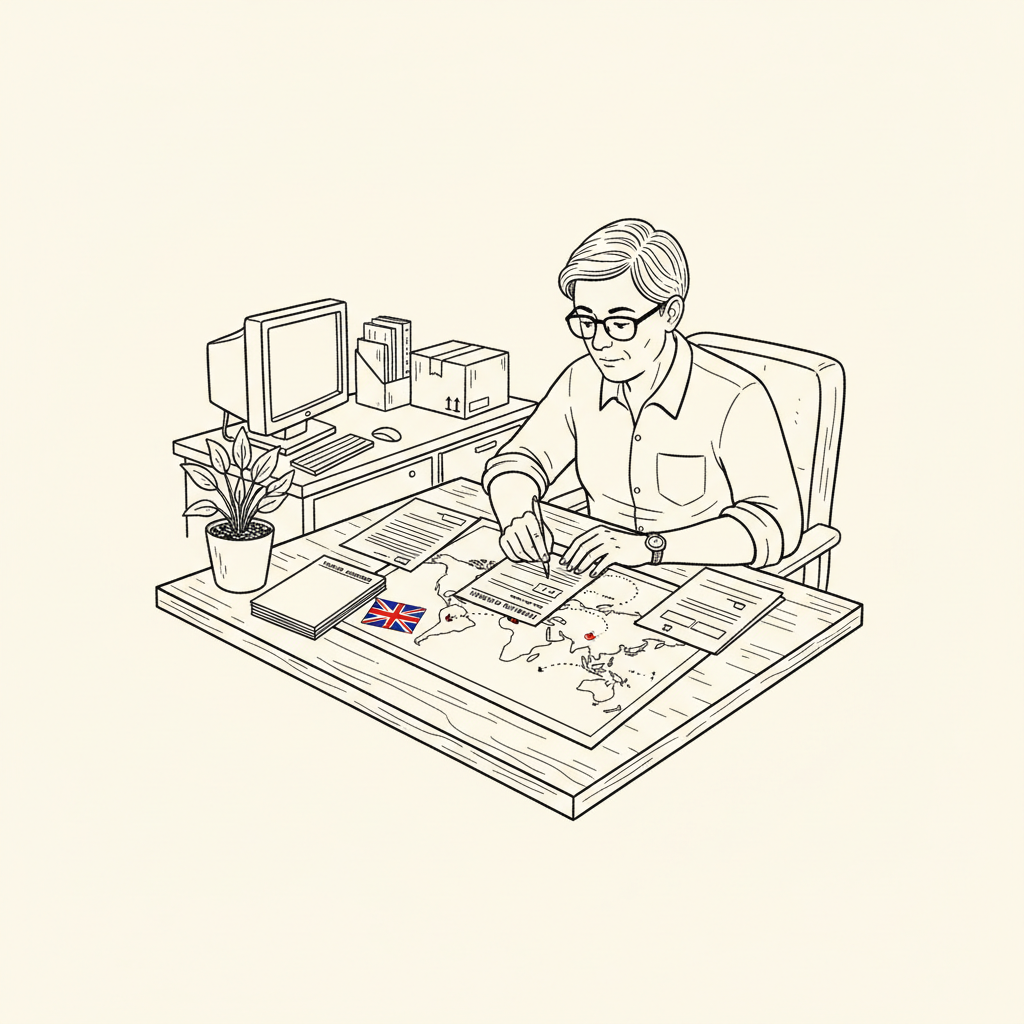 Pen-and-ink illustration of a small UK exporter reviewing trade documents for Costa Rica, with a small tucked-away Union Jack as the only coloured element