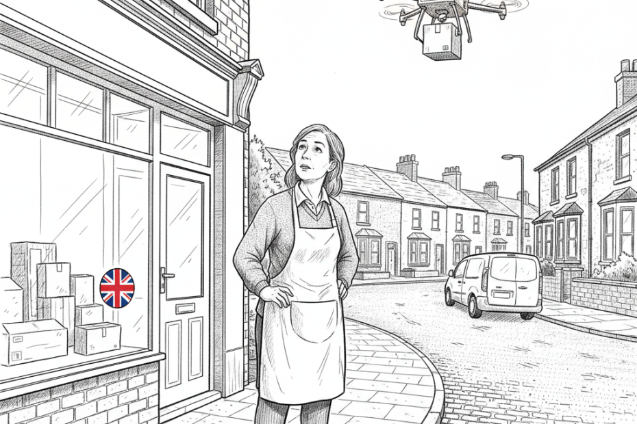 Pen-and-ink illustration of a small retailer watching a delivery drone above a local shop, with a small tucked-away Union Jack as the only coloured element