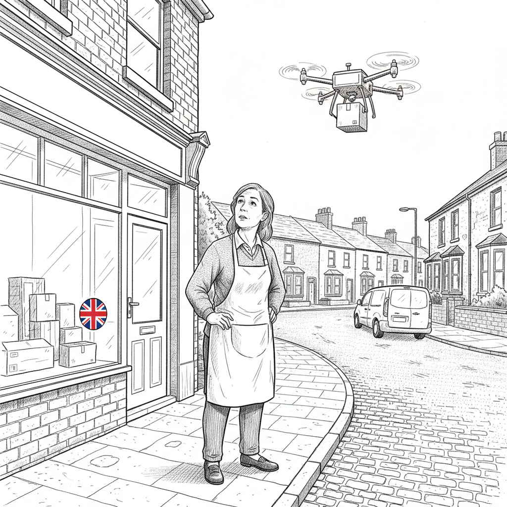 Pen-and-ink illustration of a small retailer watching a delivery drone above a local shop, with a small tucked-away Union Jack as the only coloured element