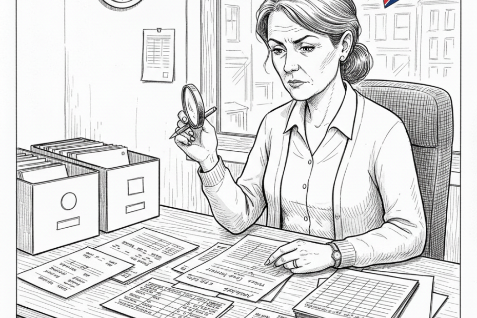 Pen-and-ink illustration of a small UK employment agency reviewing payroll documents, with a small tucked-away Union Jack as the only coloured element
