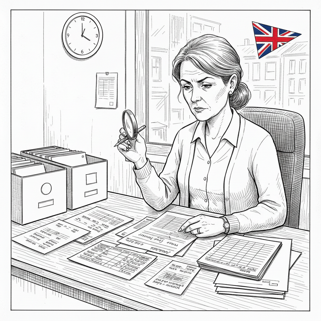 Pen-and-ink illustration of a small UK employment agency reviewing payroll documents, with a small tucked-away Union Jack as the only coloured element