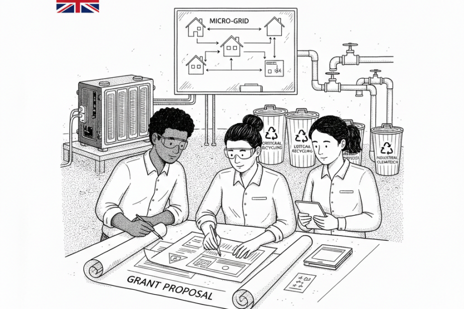 Pen-and-ink illustration of a small cleantech workshop preparing an energy project proposal, with a small tucked-away Union Jack as the only coloured element