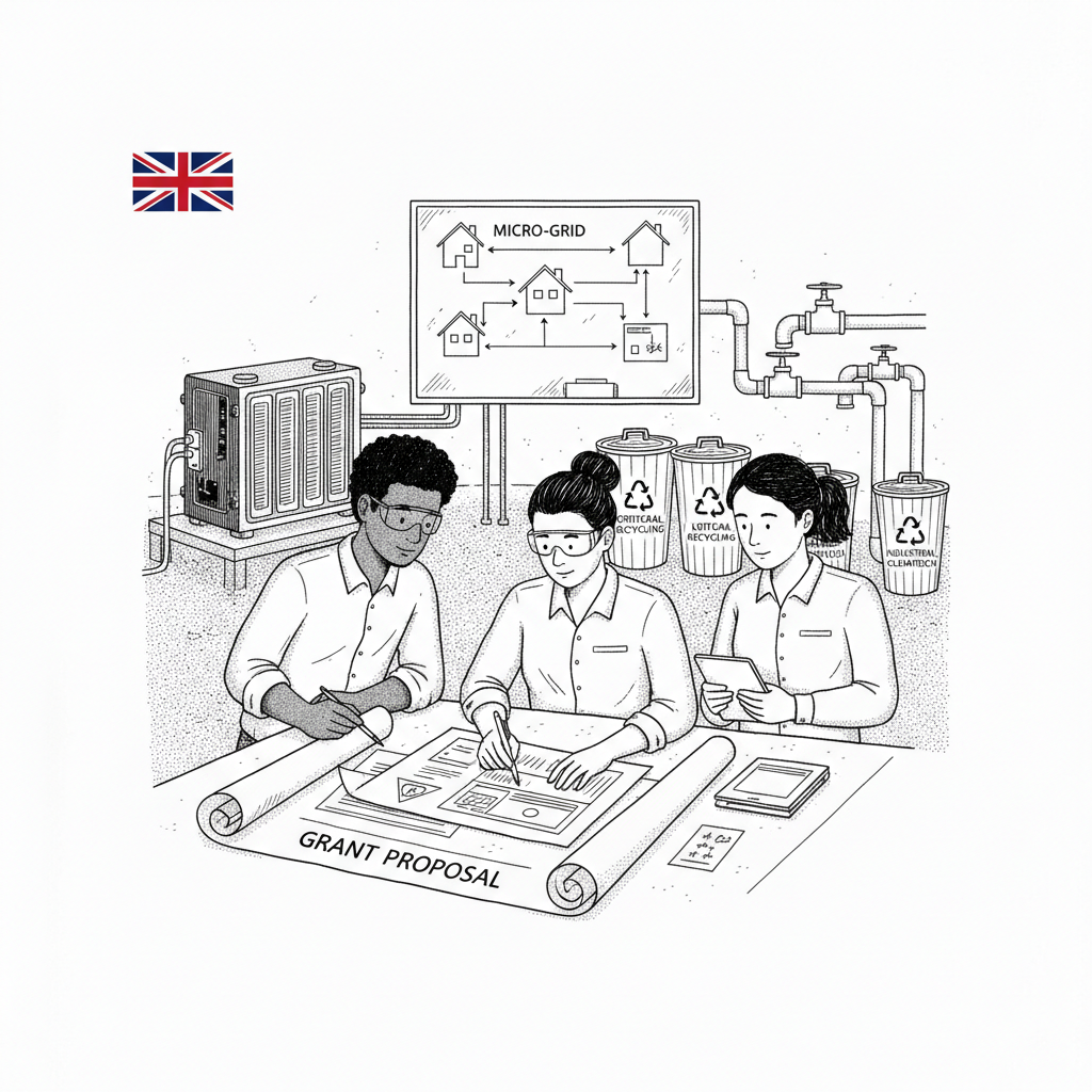 Pen-and-ink illustration of a small cleantech workshop preparing an energy project proposal, with a small tucked-away Union Jack as the only coloured element