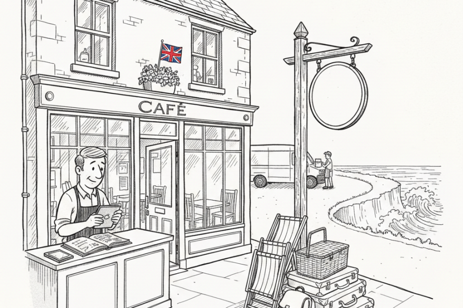 Pen-and-ink illustration of a small UK seaside hospitality business preparing for summer visitors, with a small tucked-away Union Jack as the only coloured element