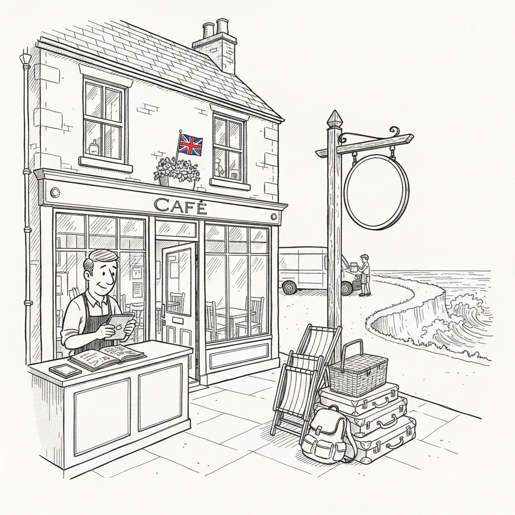 Pen-and-ink illustration of a small UK seaside hospitality business preparing for summer visitors, with a small tucked-away Union Jack as the only coloured element