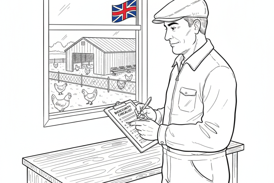 Pen-and-ink illustration of a small English poultry business reviewing biosecurity, with a small tucked-away St George's Cross as the only coloured element