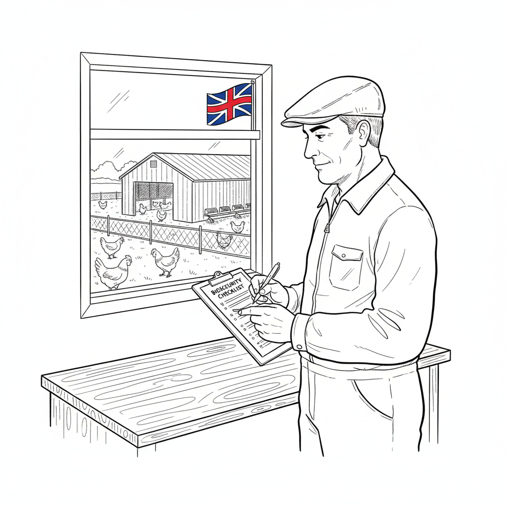 Pen-and-ink illustration of a small English poultry business reviewing biosecurity, with a small tucked-away St George's Cross as the only coloured element