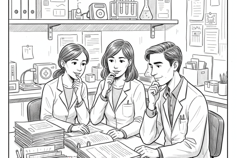 Pen-and-ink illustration of a small UK life sciences team reviewing regulatory paperwork in a lab office, with a small tucked-away Union Jack as the only coloured element