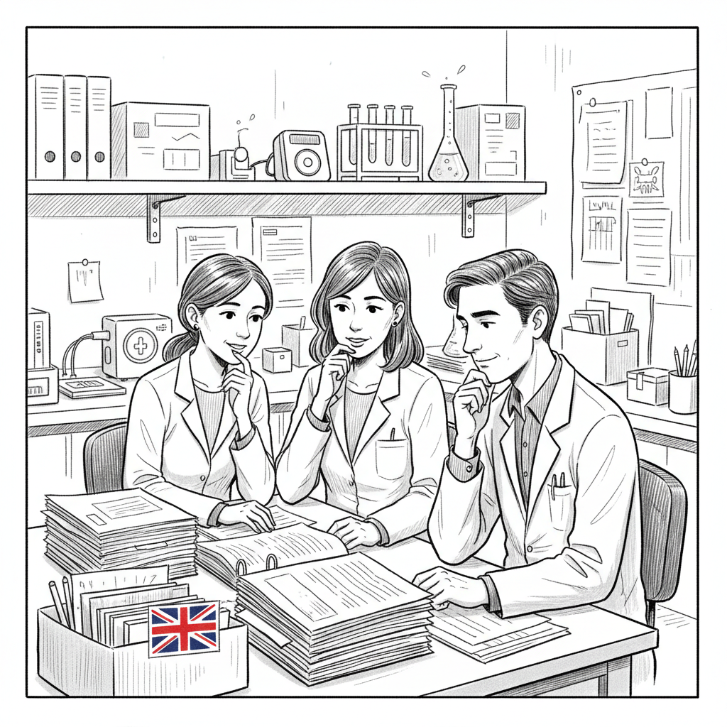 Pen-and-ink illustration of a small UK life sciences team reviewing regulatory paperwork in a lab office, with a small tucked-away Union Jack as the only coloured element