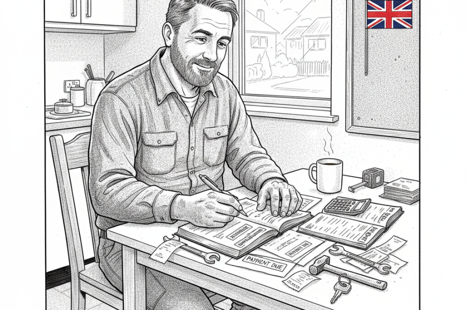 Pen-and-ink illustration of a UK tradesperson reviewing unpaid invoices beside work tools and a van key, with a small tucked-away Union Jack as the only coloured element