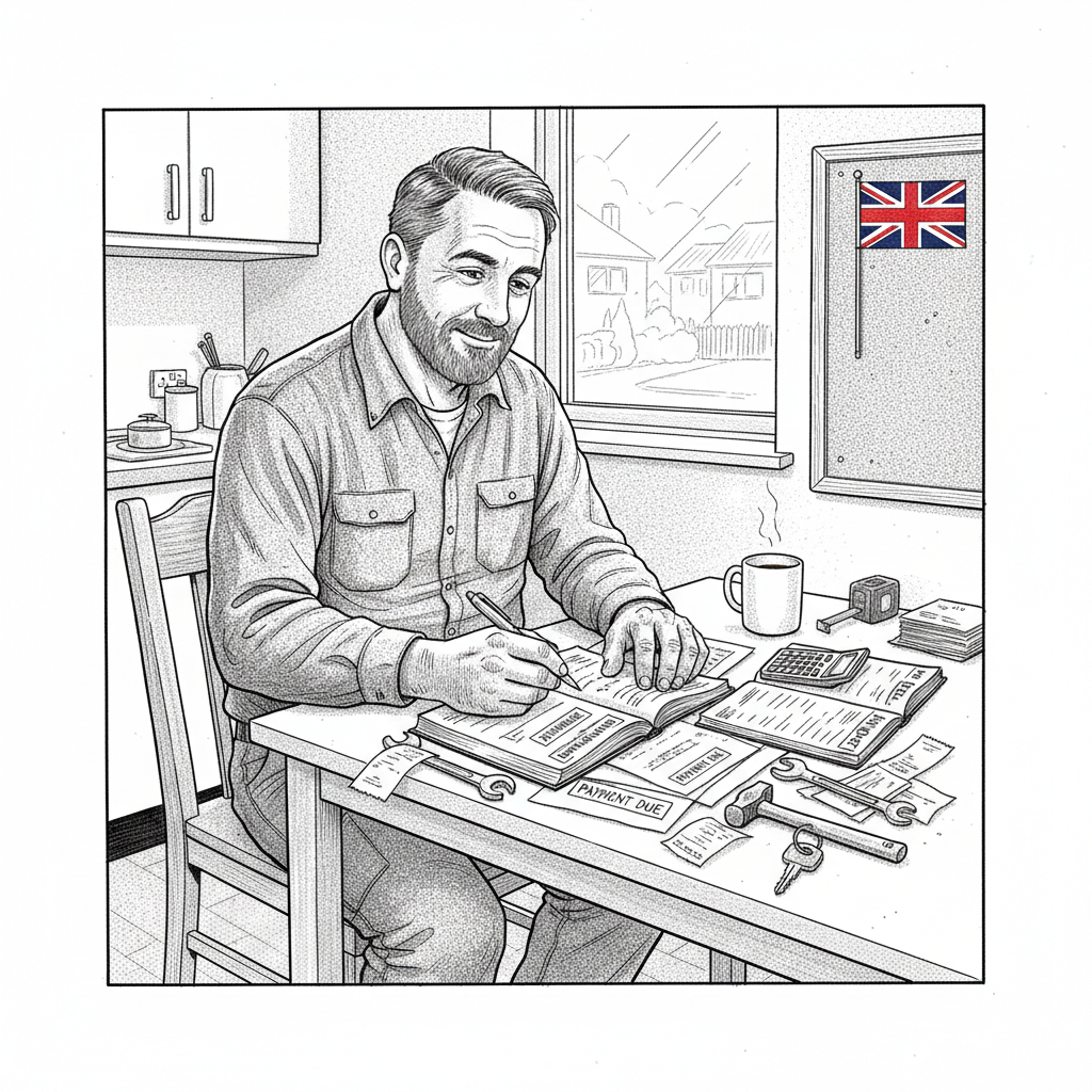 Pen-and-ink illustration of a UK tradesperson reviewing unpaid invoices beside work tools and a van key, with a small tucked-away Union Jack as the only coloured element
