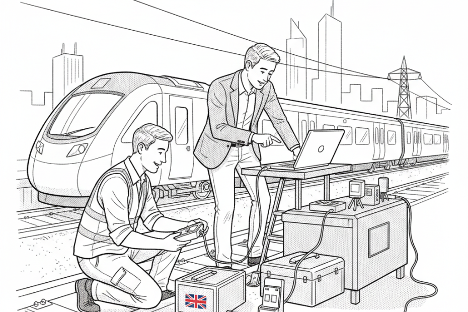 Pen-and-ink illustration of a small UK rail technology supplier testing sensors beside a railway platform, with a small tucked-away Union Jack as the only coloured element