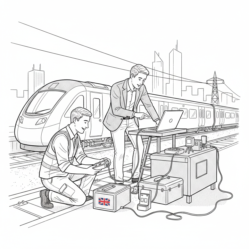 Pen-and-ink illustration of a small UK rail technology supplier testing sensors beside a railway platform, with a small tucked-away Union Jack as the only coloured element