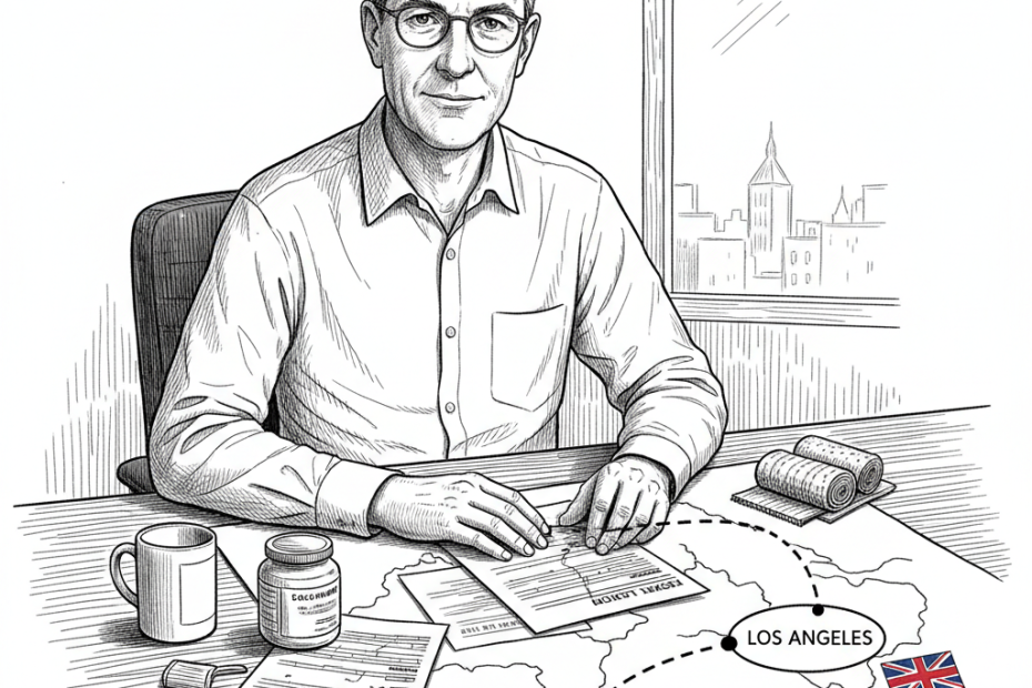 Pen-and-ink illustration of a UK small business owner reviewing export papers and a route to Los Angeles, with a small tucked-away Union Jack as the only coloured element