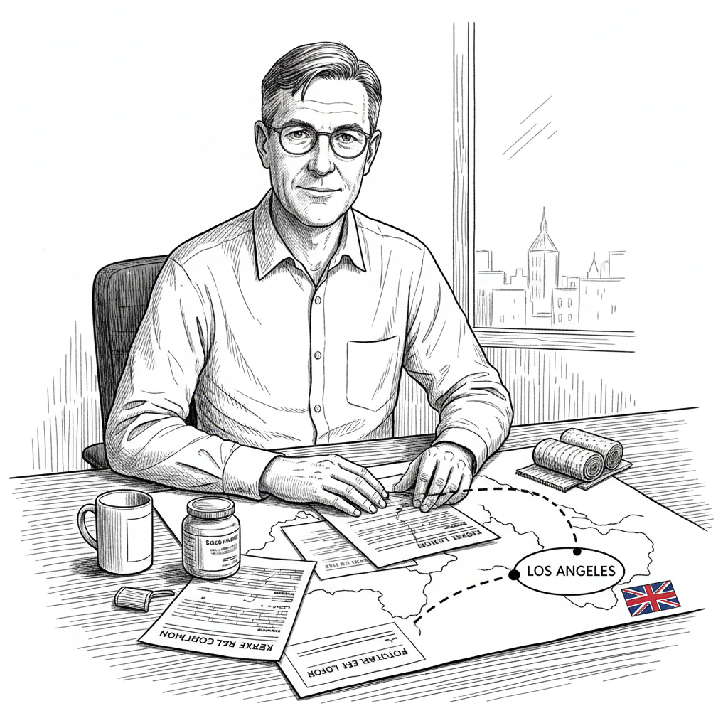 Pen-and-ink illustration of a UK small business owner reviewing export papers and a route to Los Angeles, with a small tucked-away Union Jack as the only coloured element