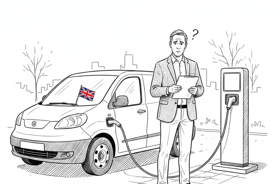 Pen-and-ink illustration of a UK small business owner checking electric van charging costs, with a small tucked-away Union Jack as the only coloured element