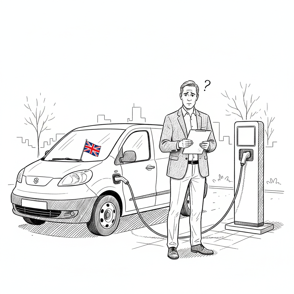 Pen-and-ink illustration of a UK small business owner checking electric van charging costs, with a small tucked-away Union Jack as the only coloured element