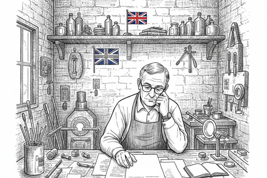 Pen-and-ink illustration of a small UK workshop owner reviewing energy bills beside glassmaking tools, with a small Union Jack as the only coloured element