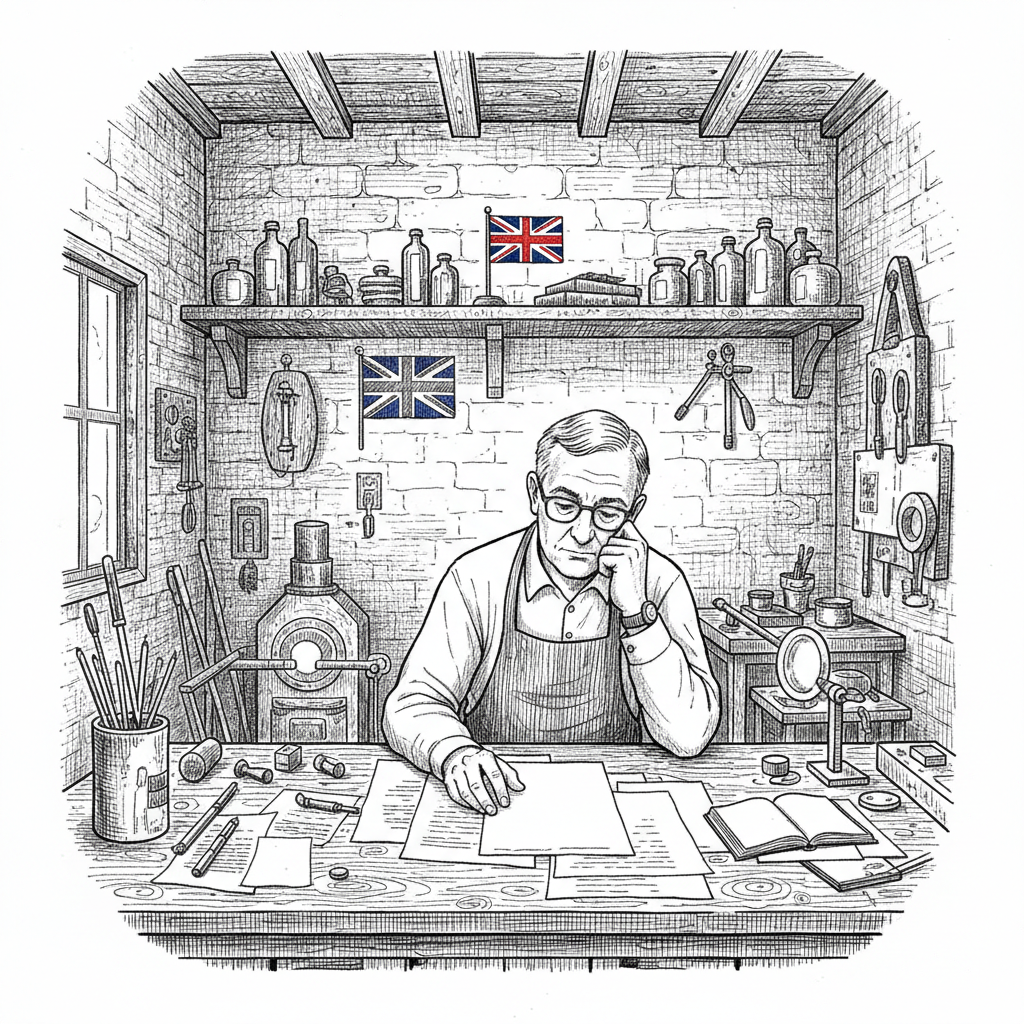 Pen-and-ink illustration of a small UK workshop owner reviewing energy bills beside glassmaking tools, with a small Union Jack as the only coloured element