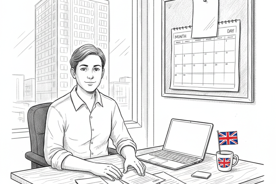 Pen-and-ink illustration of a small business owner checking overdue invoices, with a small Union Jack as the only coloured element