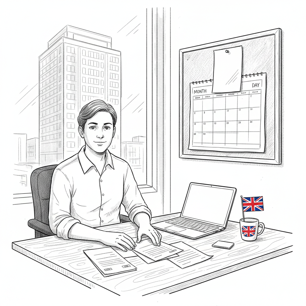 Pen-and-ink illustration of a small business owner checking overdue invoices, with a small Union Jack as the only coloured element
