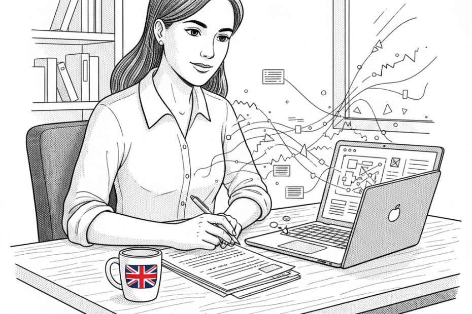 Pen-and-ink illustration of a small business owner checking tax paperwork beside a computer, with a small Union Jack as the only coloured element