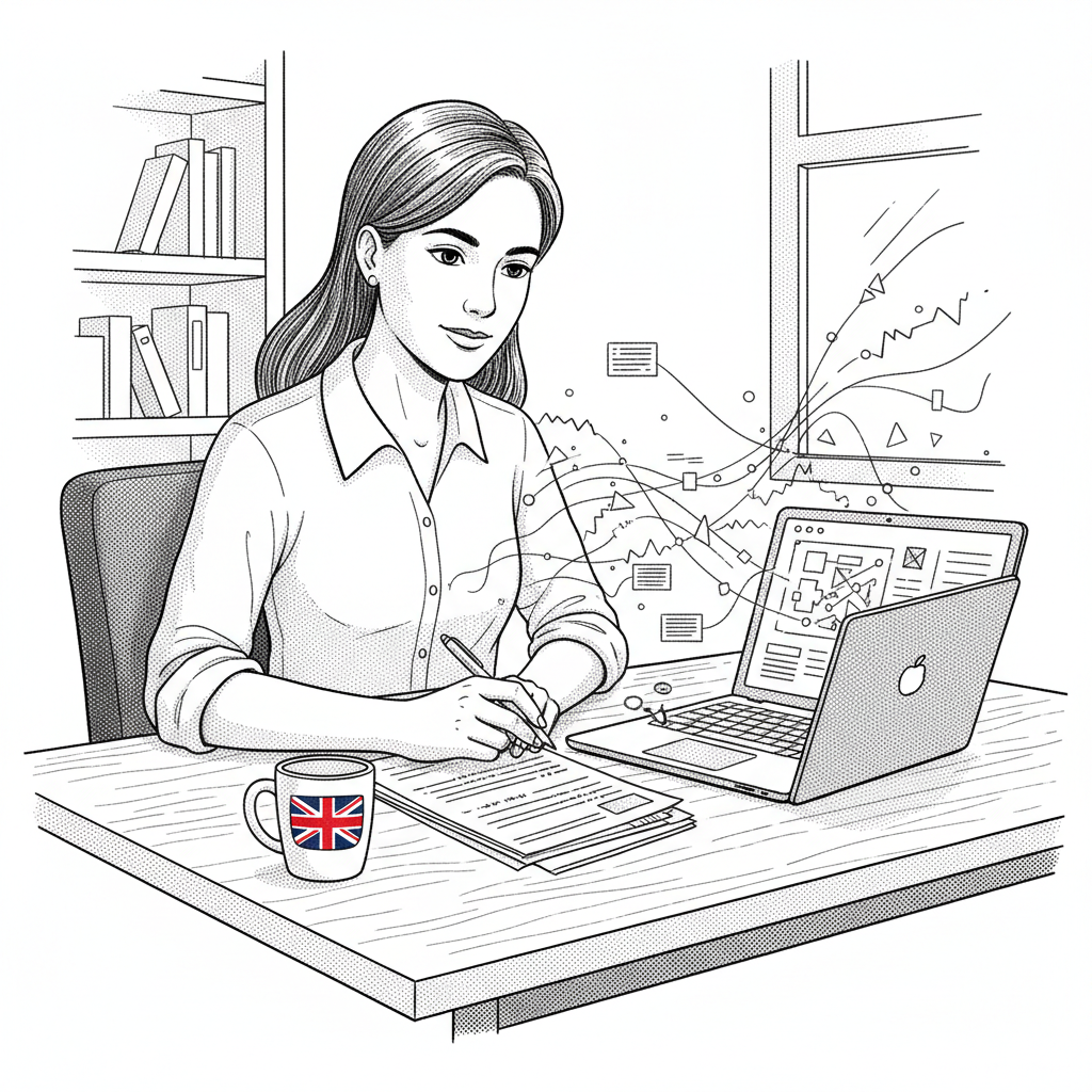 Pen-and-ink illustration of a small business owner checking tax paperwork beside a computer, with a small Union Jack as the only coloured element