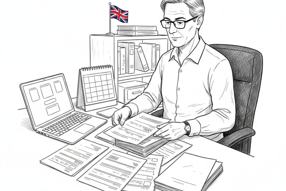 Pen-and-ink illustration of a small accountancy office preparing for HMRC tax adviser registration, with a small tucked-away Union Jack as the only coloured element
