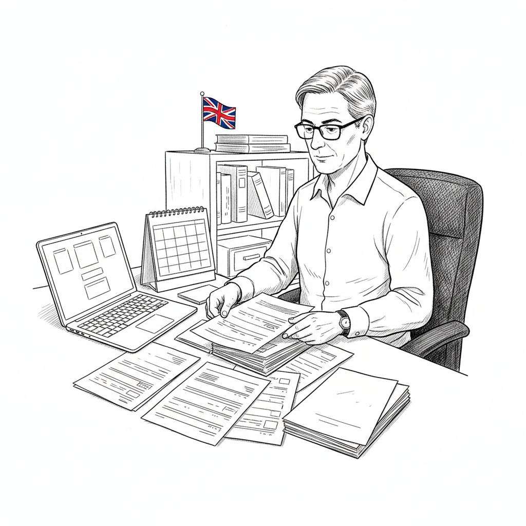 Pen-and-ink illustration of a small accountancy office preparing for HMRC tax adviser registration, with a small tucked-away Union Jack as the only coloured element