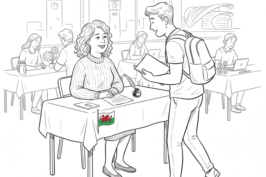 Pen-and-ink illustration of a Welsh small business owner meeting a young jobseeker at a local jobs fair, with a small tucked-away Welsh flag as the only coloured element