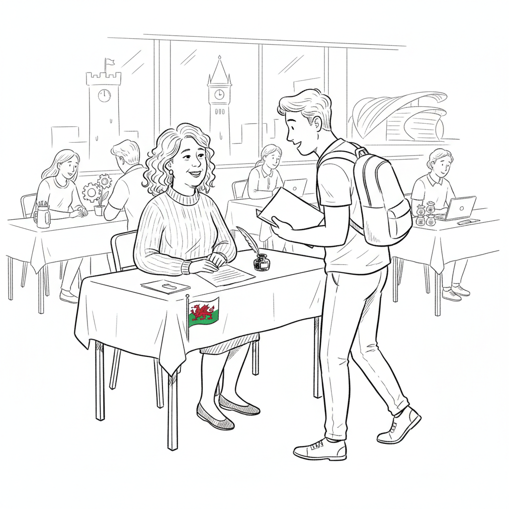 Pen-and-ink illustration of a Welsh small business owner meeting a young jobseeker at a local jobs fair, with a small tucked-away Welsh flag as the only coloured element