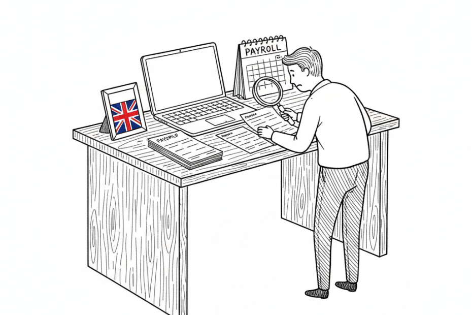 Pen-and-ink illustration of a small UK payroll desk checking Employment Allowance guidance, with a small Union Jack as the only coloured element