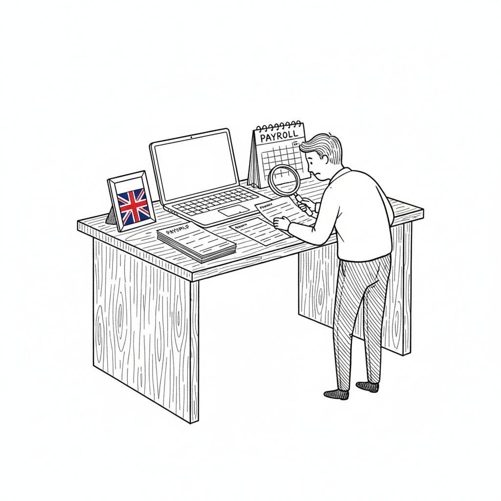 Pen-and-ink illustration of a small UK payroll desk checking Employment Allowance guidance, with a small Union Jack as the only coloured element